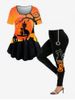 Ensemble de T-shirt et Legging D'Halloween à Imprimé Chat Arbre et Citrouille - Orange 