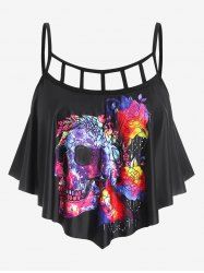 Gothic Cutout Skull Rose Print Swim Tankini Top -  