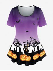 Plus Size Halloween Pumpkins Bats Tree Printed Ombre Short Sleeves Tee -  