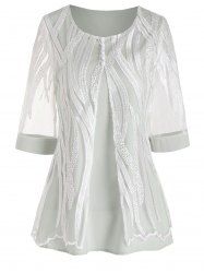 Colorblock Printed Lace Overlay Mock Button Sheer Half Sleeve T Shirt -  