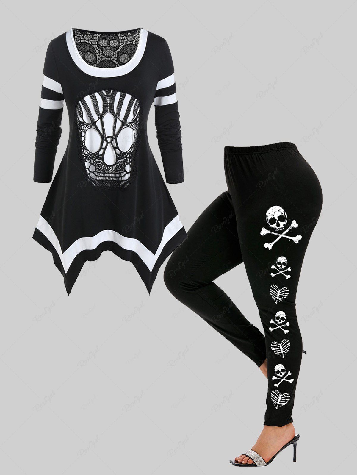 Shop Gothic Skull Lace Colorblock Handkerchief Tee and Halloween Gothic Skeleton Skull Print Leggings Outfit  