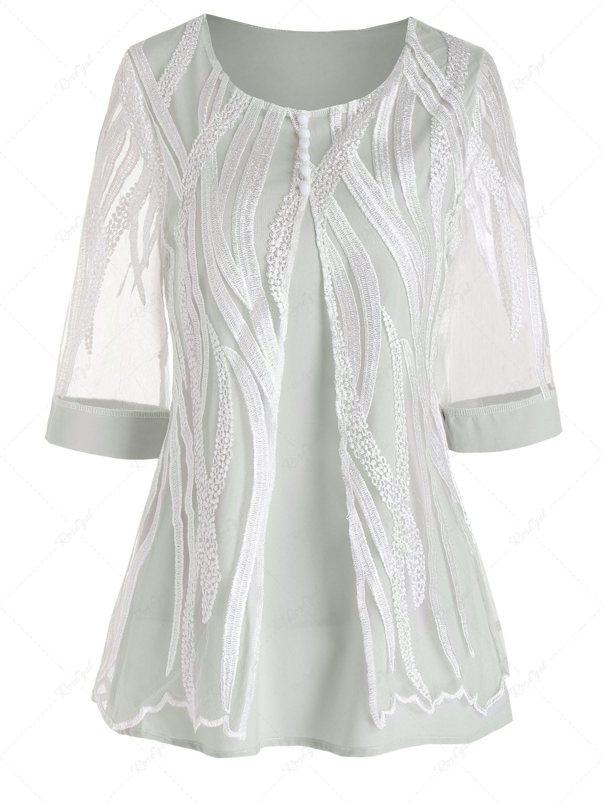 T-shirt Boutonné Superposé en Dentelle Transparente Imprimé à Demi-Manches Gris Clair XXL