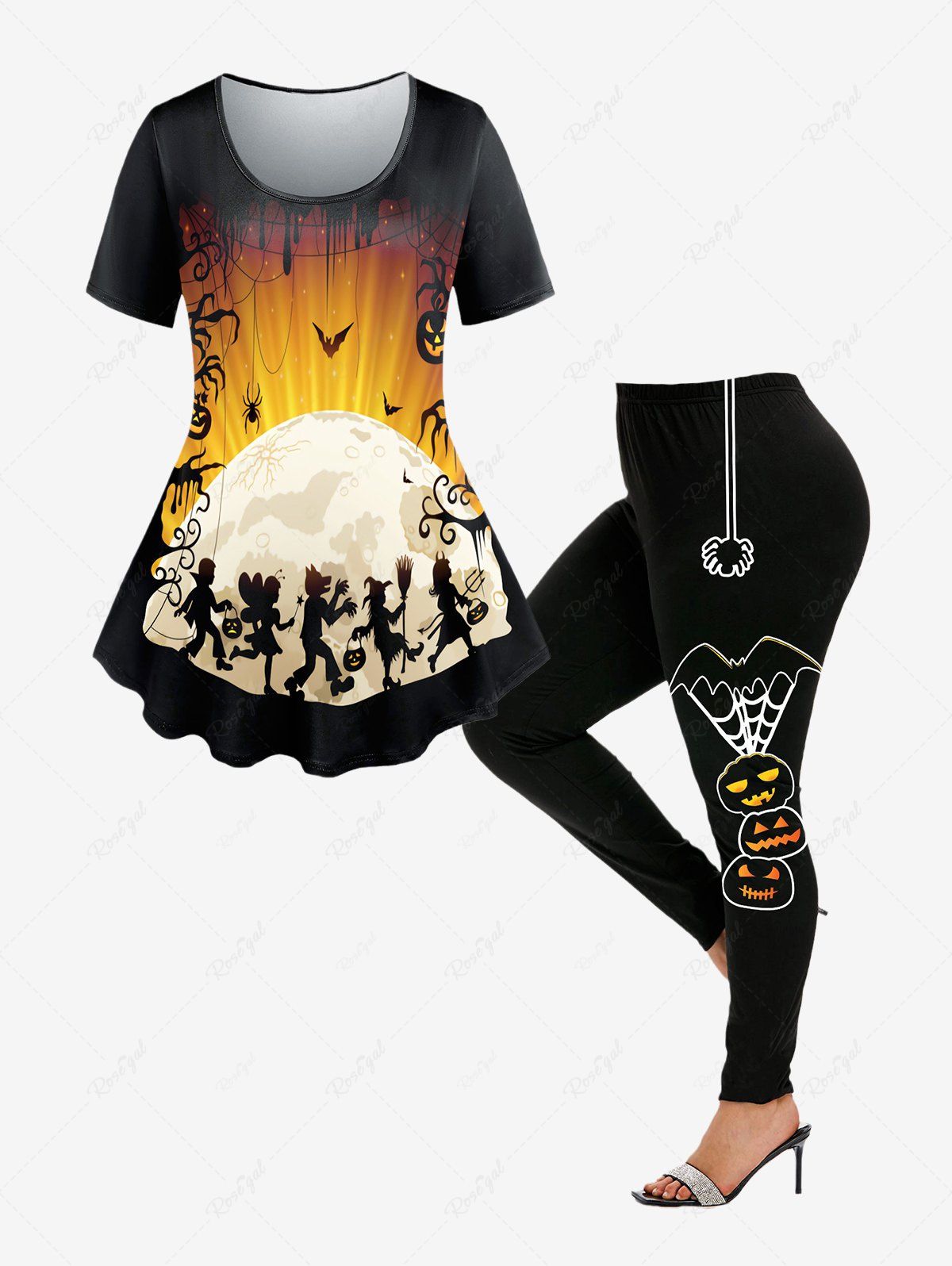 Fancy Halloween Printed T-shirt and Halloween Pumpkin Cat Spiders Leggings Outfit  