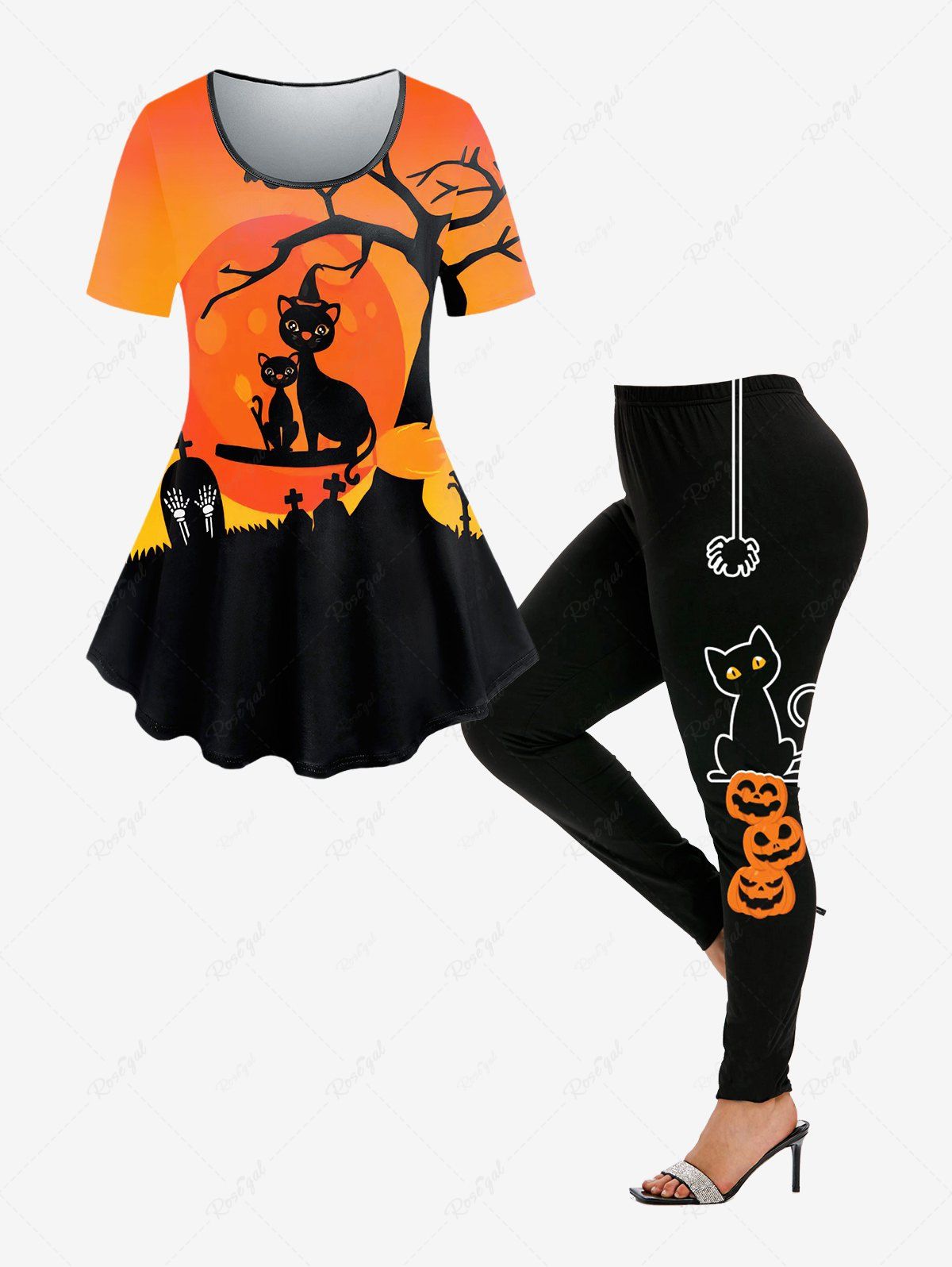 Ensemble de T-shirt et Legging D'Halloween à Imprimé Chat Arbre et Citrouille Orange 