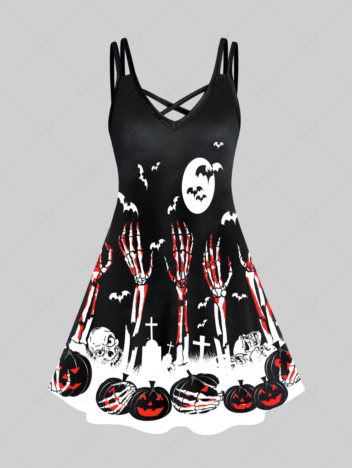 Latest Plus Size Halloween Pumpkins Hand Skeletons Bats Printed Crisscross A Line Dress  