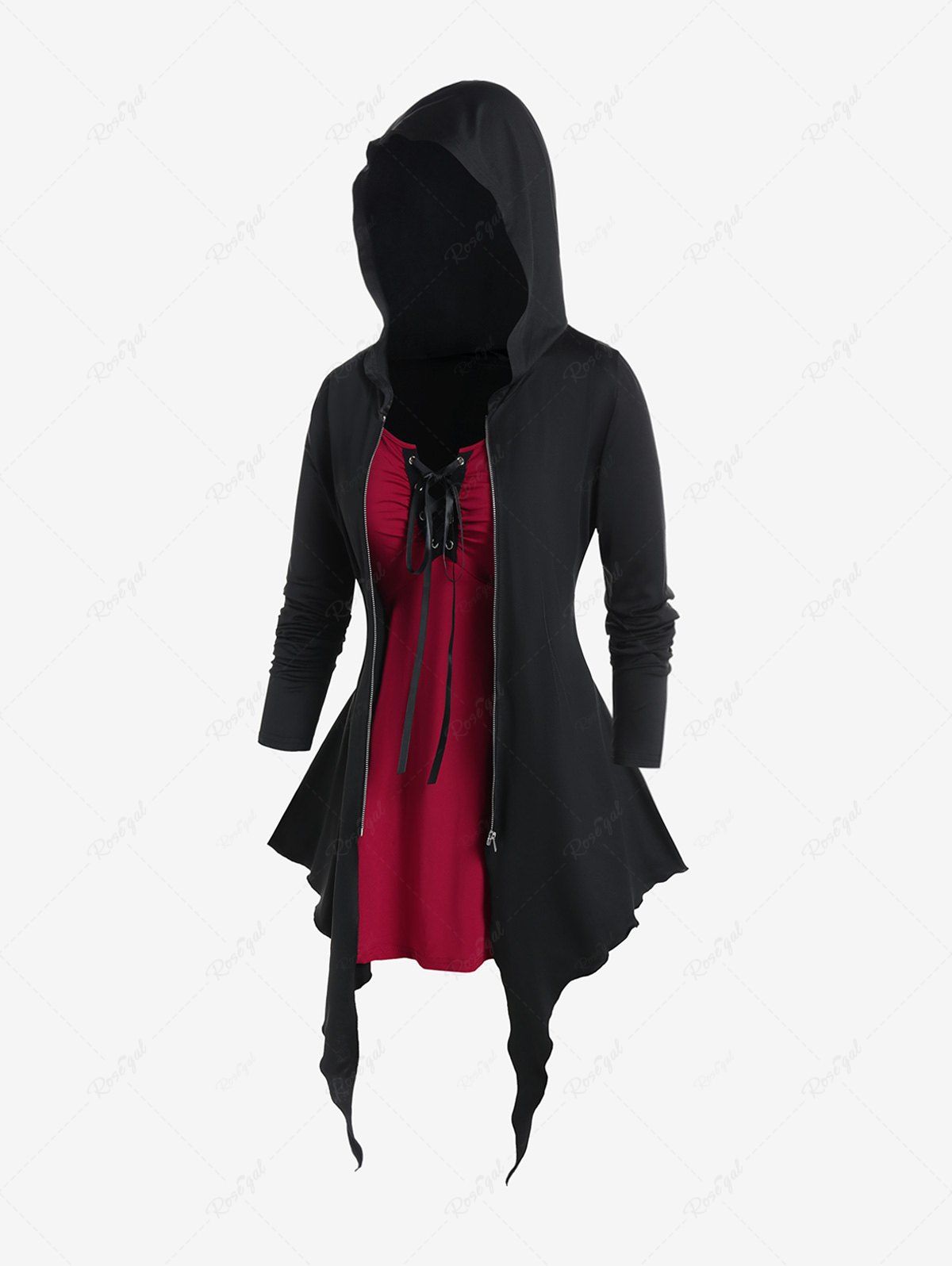 Store Gothic Lace Up Full Zipper Hooded Asymmetric 2 in 1 Tee  