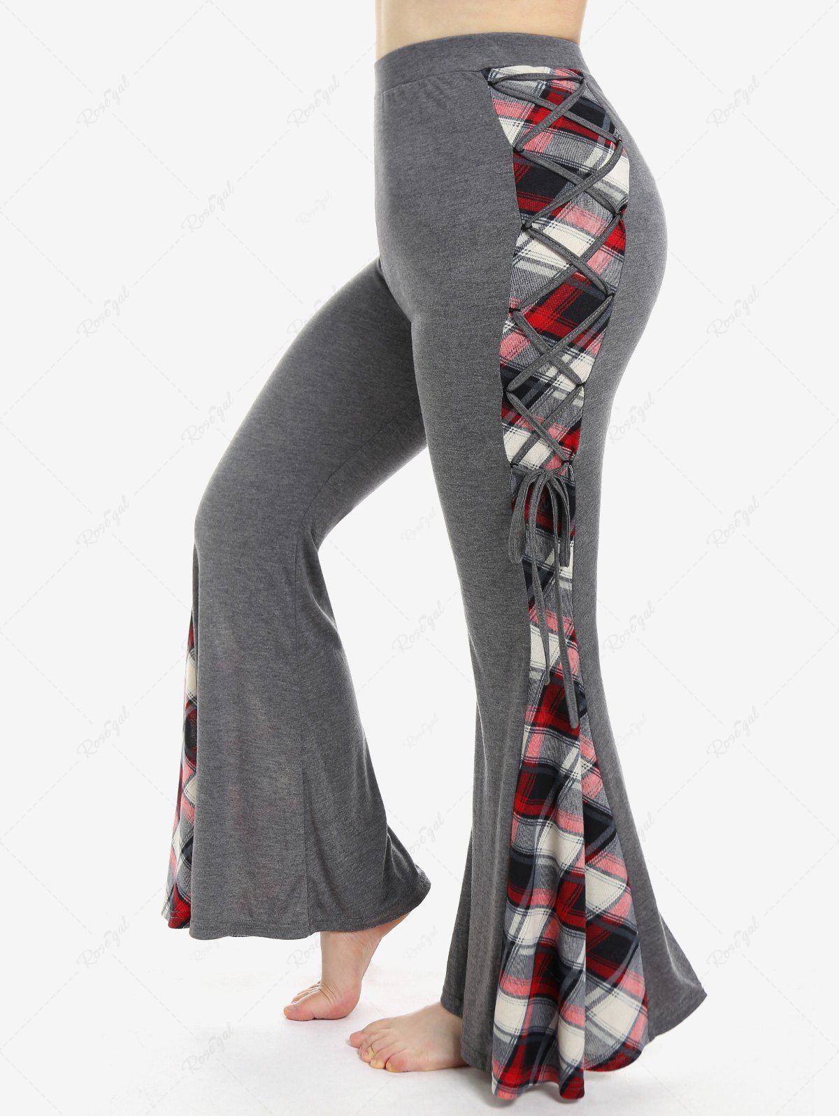 Outfit Plus Size High Waist Plaid Lace Up Bell Bottom Pants  