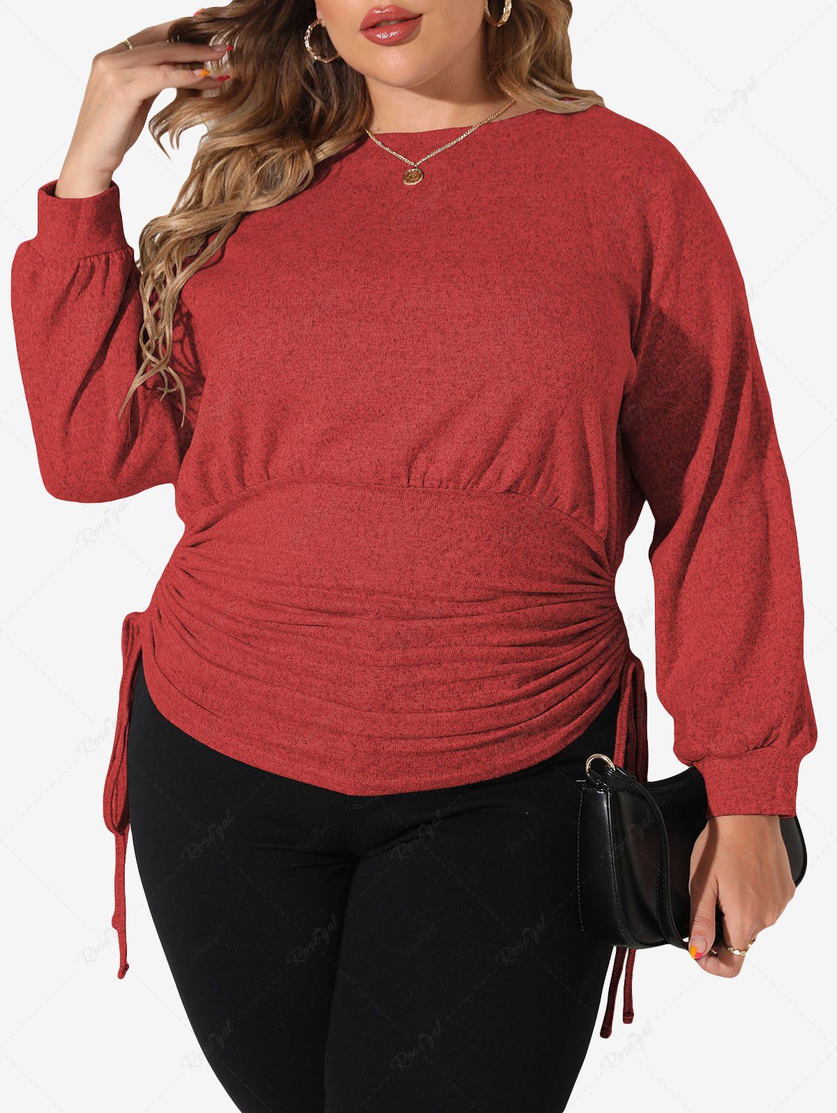 Latest Plus Size Long Sleeves Cinched Ruched Solid T-shirt  
