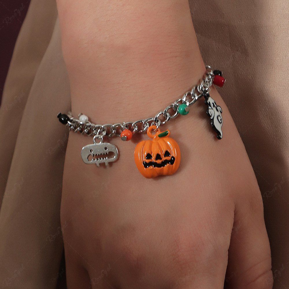 Bracelet en Chaîne avec Pendentif Citrouille et Crâne Style Punk pour Halloween Argent 