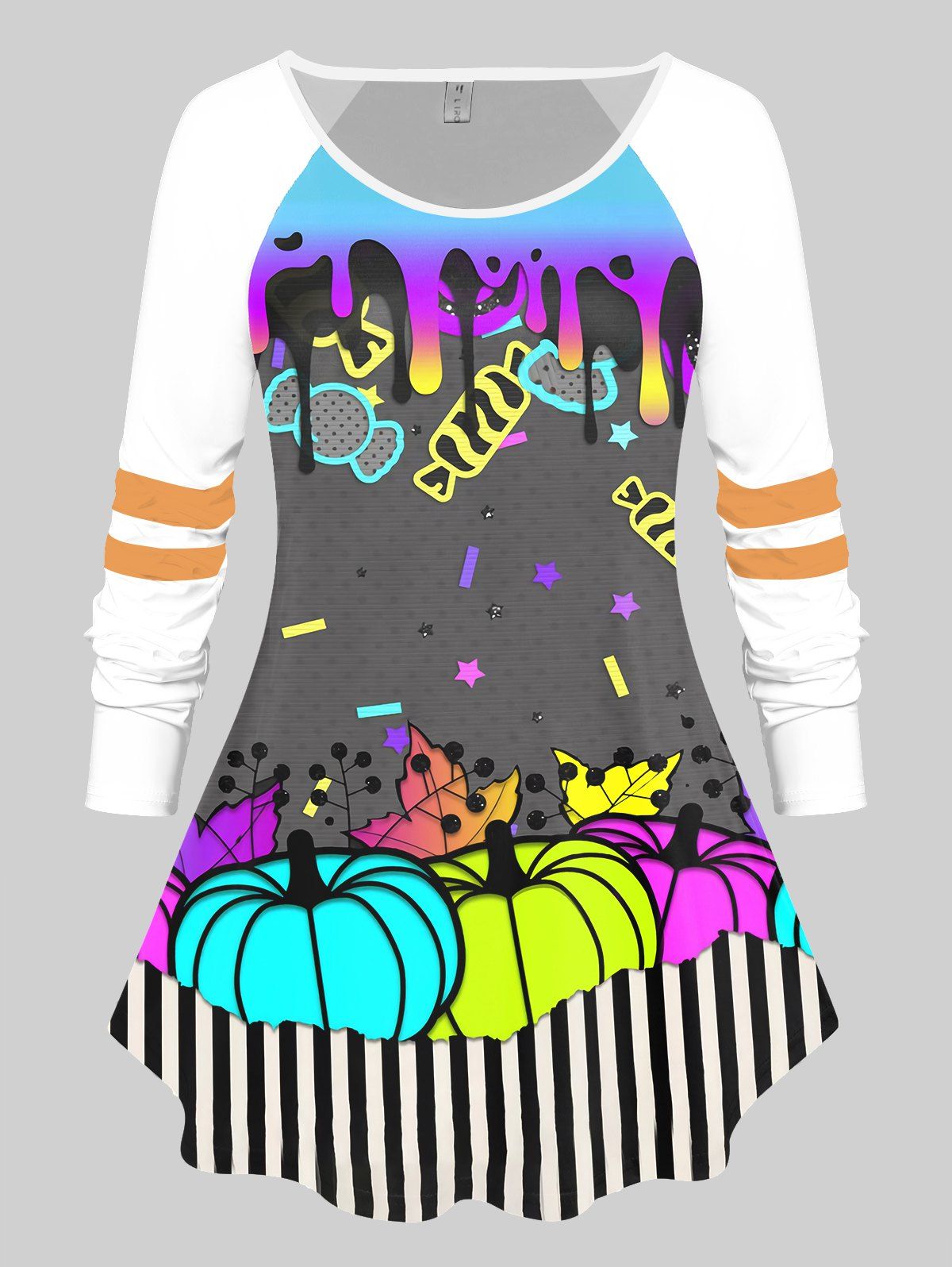 Latest Halloween Pumpkins Stripes Candy Star Printed Colorblock Raglan Sleeves Tee  