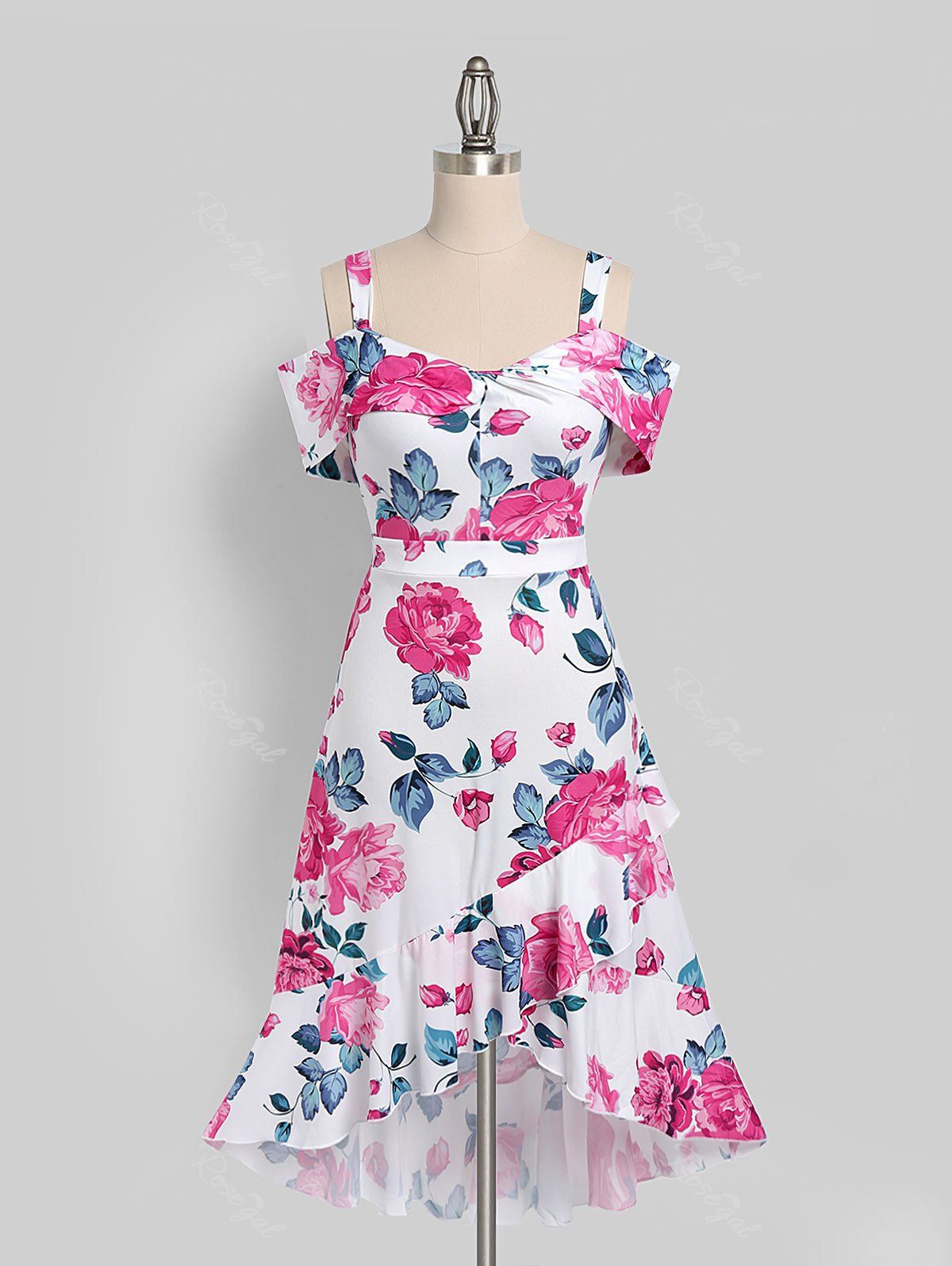 Latest Plus Size Flower Print Overlap High Low Dress  