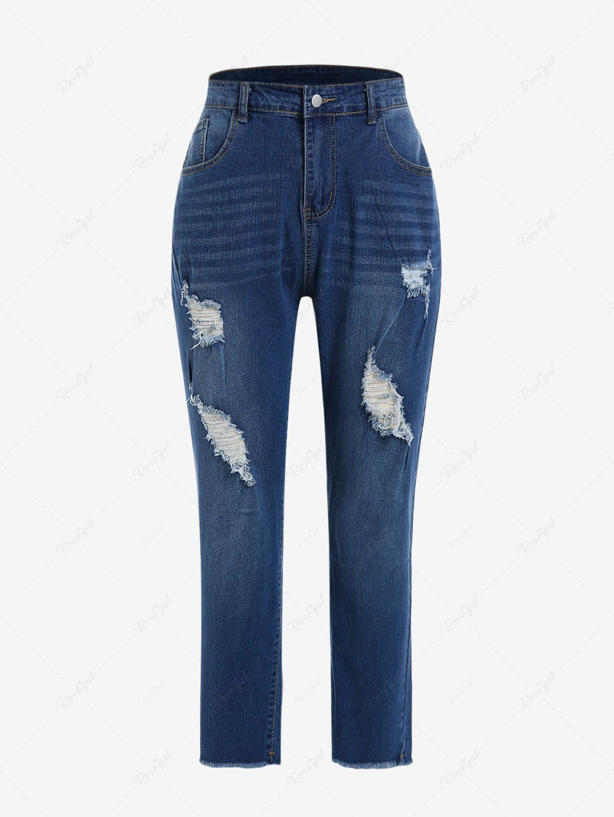 Discount Plus Size Distressed Frayed Cat Whiskers High Waisted Jeans  