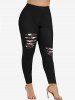 Plus Size 3D Ripped Plaid Printed Skinny Leggings -  