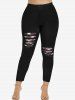 Plus Size 3D Ripped Plaid Printed Skinny Leggings -  