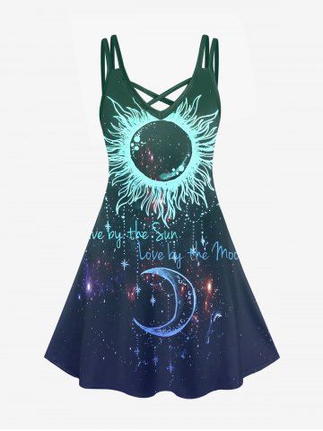 Plus Size Crisscross Sun Moon Print A Line Dress - DEEP GREEN - S | US 8