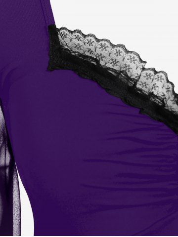 Plus Size Sheer Mesh Flare Sleeves Lace Up Ruched T Shirt