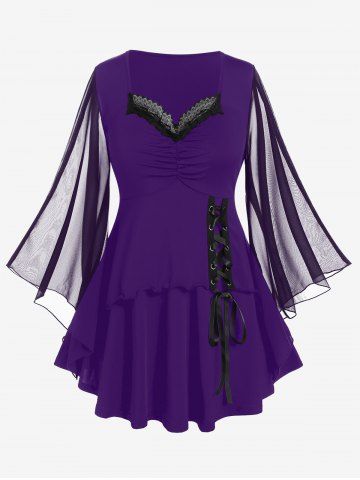 Plus Size Sheer Mesh Flare Sleeves Lace Up Ruched T Shirt