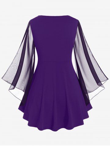 Plus Size Sheer Mesh Flare Sleeves Lace Up Ruched T Shirt