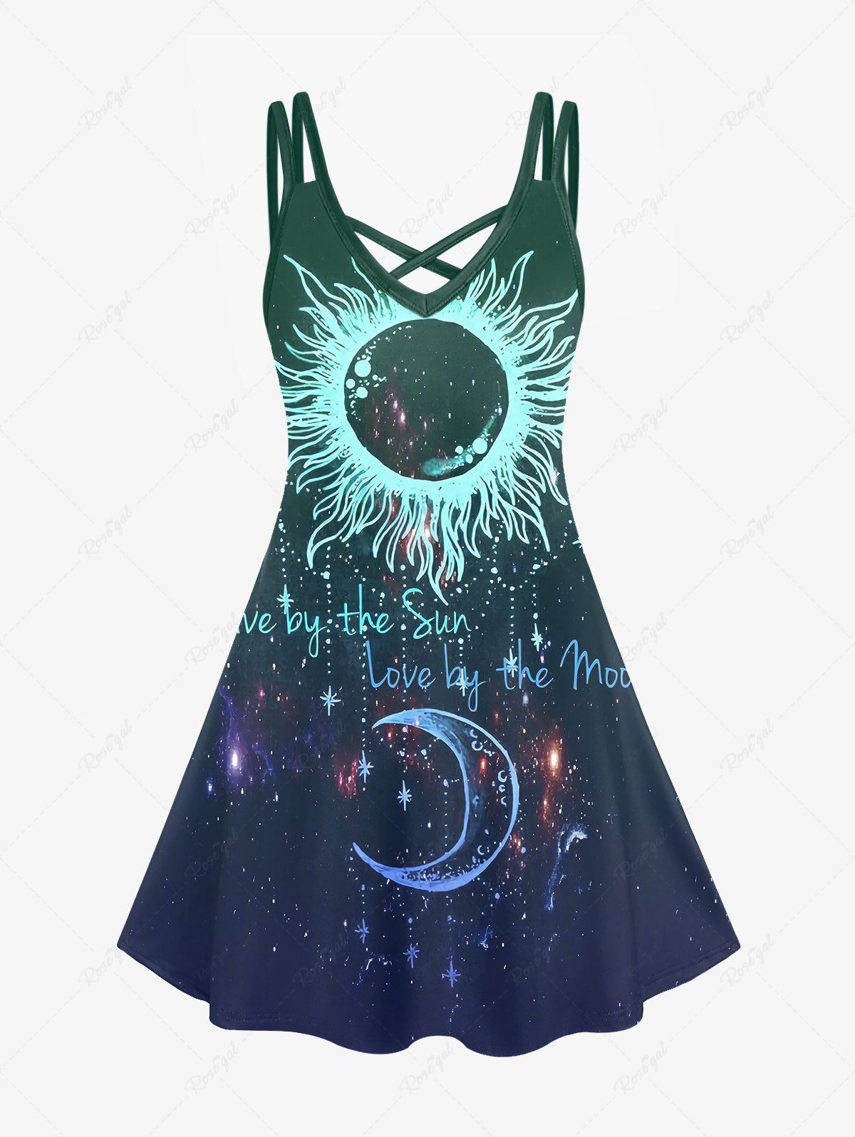 Outfits Plus Size Crisscross Sun Moon Print A Line Dress  