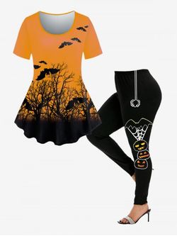 Halloween Bat Tree Print T-shirt and Halloween Pumpkin Cat Spiders Leggings - ORANGE