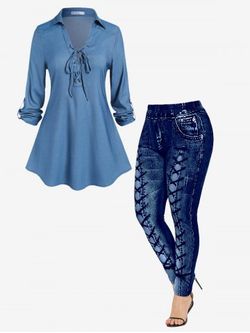Lace Up Roll Tab Sleeves Long Sleeves Tee and 3D Printed Leggings Plus Size Outfit - LIGHT BLUE