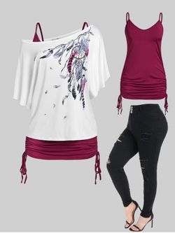 Plus Size Batwing Sleeves Dreamcatcher Skew Neck Tee Set and Ripped Jeans Outfit - WHITE