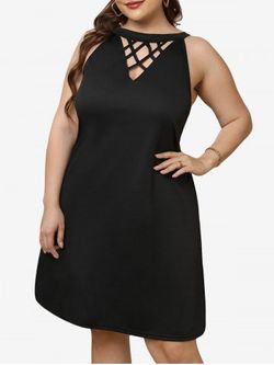 Plus Size Crisscross Hollow Out Solid A Line Sleeveless Dress - BLACK - 3XL