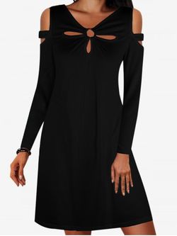 Plus Size Cold Shoulder Cutout O-ring Mini A Line Dress - BLACK - XL