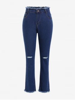 Plus Size Distressed Frayed High Rise Pencil Jeans - DEEP BLUE - 3XL