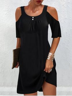 Plus Size Cold Shoulder Solid Long Sleeves A Line Mini Dress - BLACK - XL