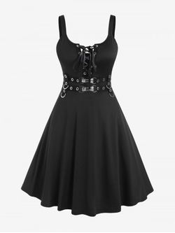 Gothic Lace Up Grommets Fit and Flare Dress - BLACK - 1X | US 14-16