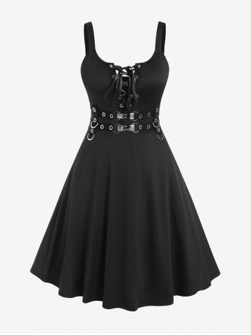 Gothic Lace Up Grommets Fit and Flare Dress - BLACK - 5X | US 30-32