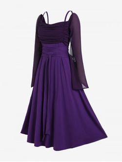 Plus Size Vintage Ruched Two Tone Mesh Sleeves A Line Midi Belt Dress - CONCORD - L | US 12