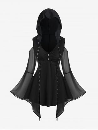 Hooded Cold Shoulder Mesh Bell Sleeve Grommets Gothic Top