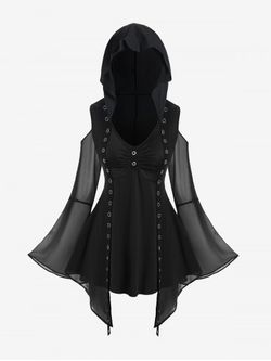 Halloween Costume Hooded Cold Shoulder Mesh Bell Sleeve Grommets Top - BLACK - 4X | US 26-28