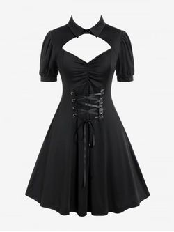 Gothic Cutout Lace Up Ruched Shirted Collar A Line Dress - BLACK - 3X | US 22-24
