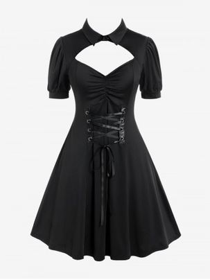 Gothic Cutout Lace Up Ruched Shirted Collar A Line Dress