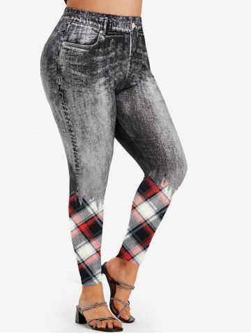 Plus Size High Waist 3D Denim Print Plaid Skinny Jeggings