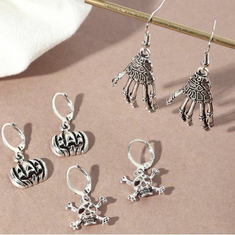 3Pcs Halloween Vintage Alloy Pumpkin Skeleton Hands Skull Earrings
