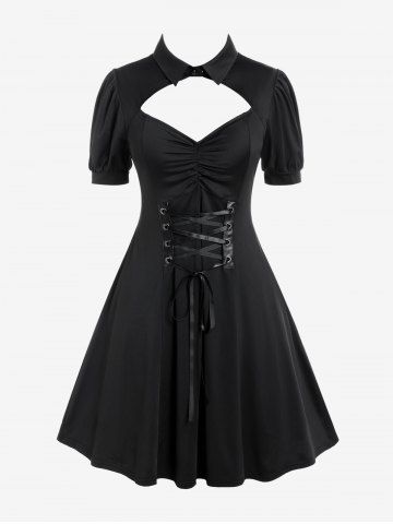 Gothic Cutout Lace Up Ruched Shirted Collar A Line Dress - BLACK - 1X | US 14-16