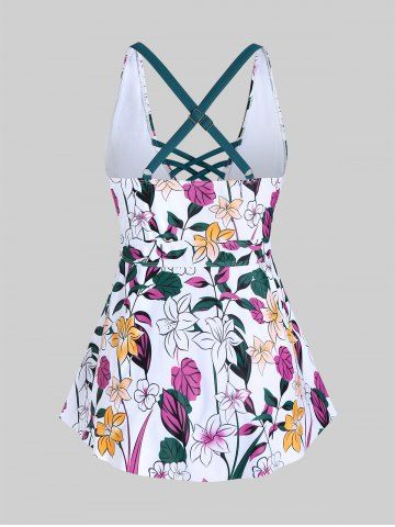 Plus Size Floral Crisscross Plunging Backless Padded Tankini Swimsuit Top