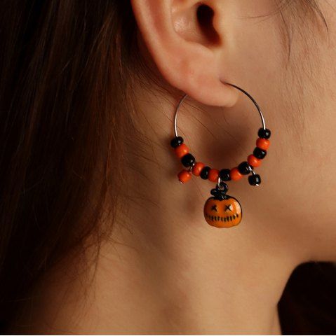 Halloween Pumpkin Beaded Hoop Drop Earrings