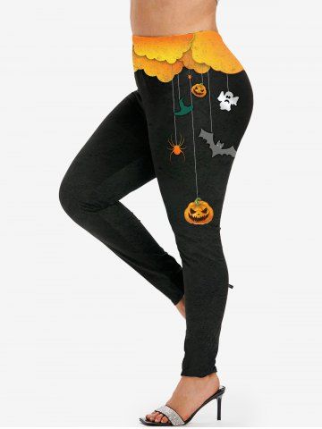 Halloween Pumpkin Ghost Bat Print High Waist Leggings - ORANGE - S | US 8