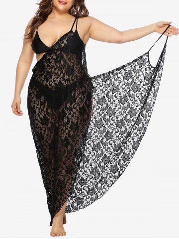 Plus Size Solid Lace Beach Cover-up Wrap Dress - BLACK - 3XL