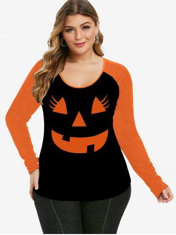 Halloween Cartoon Pattern Colorblock Raglan Sleeves Tee