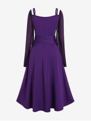 Plus Size Medieval Renaissance Ruched Two Tone Mesh Sleeves A Line Midi Belt Dress