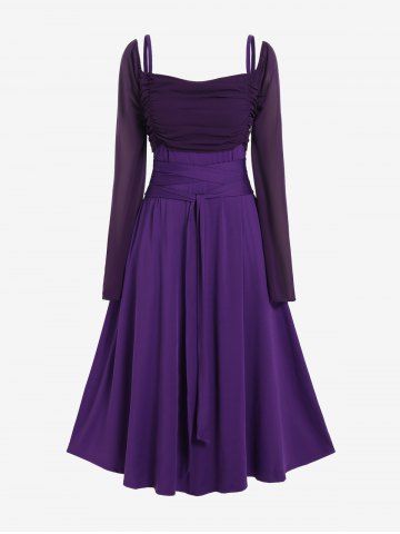 Plus Size Medieval Renaissance Ruched Two Tone Mesh Sleeves A Line Midi Belt Dress