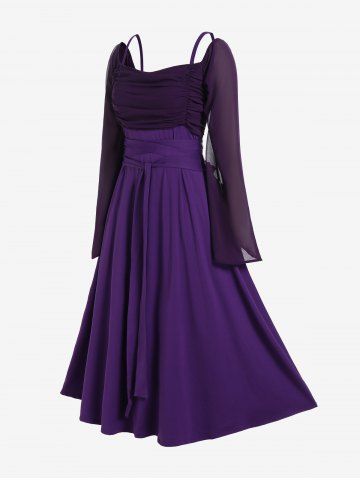 Plus Size Medieval Renaissance Ruched Two Tone Mesh Sleeves A Line Midi Belt Dress
