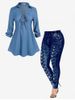 Lace Up Roll Tab Sleeves Long Sleeves Tee and 3D Printed Leggings Plus Size Outfit -  