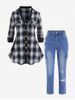 Plus Size Plaid Tunic Shirt and High Rise Ripped Jeans Outfit -  